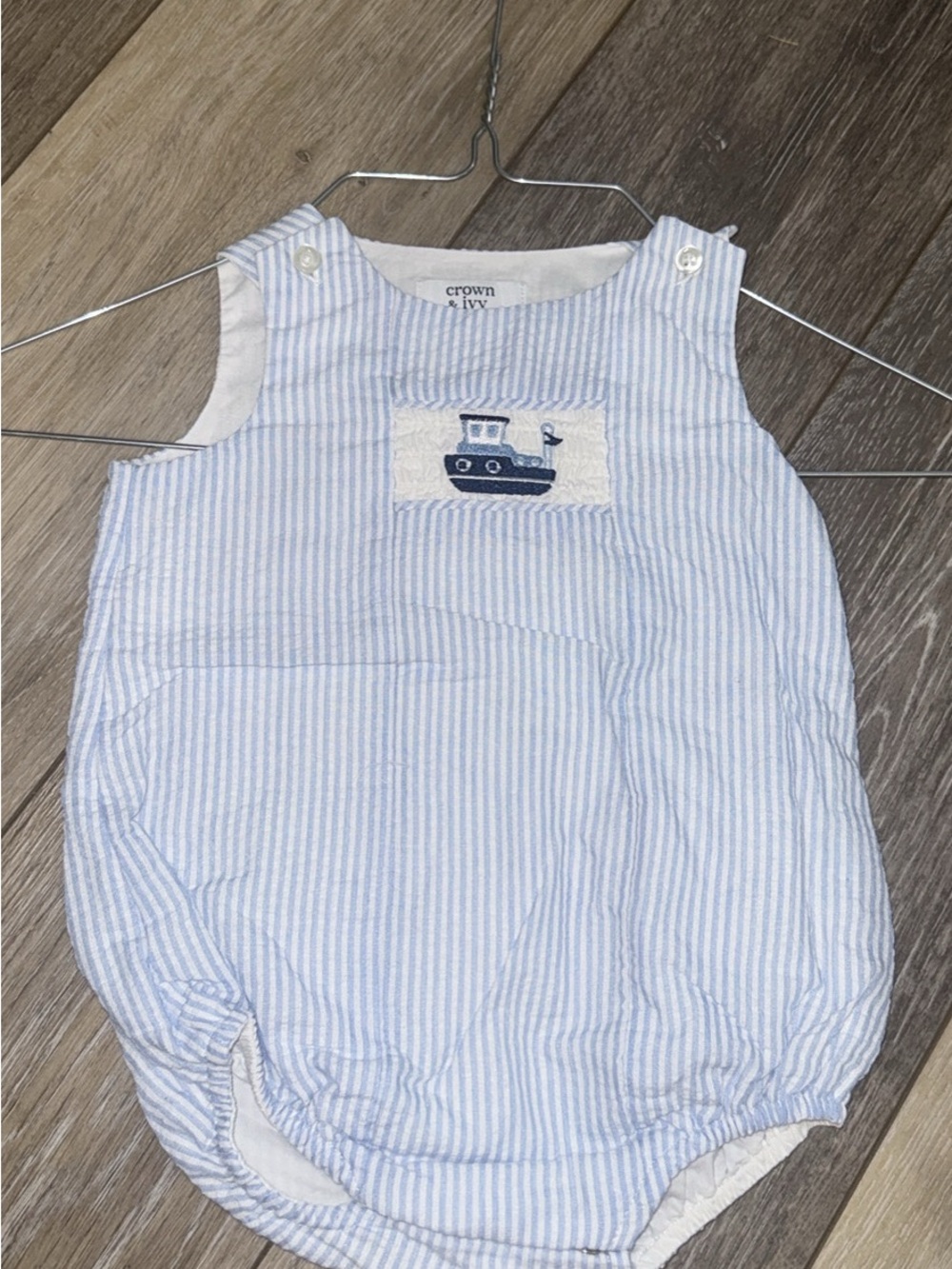 crown & ivy Light Blue and White Seersucker Bubble Romper with Navy Boat